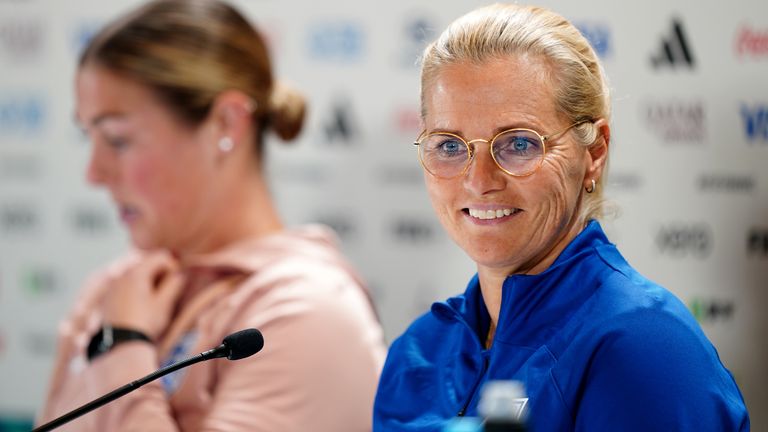 England head coach Sarina Wiegman and goalkeeper Mary Earps (left) during the press conference at Stadium Australia, Sydney. Picture date: Friday August 11, 2023.