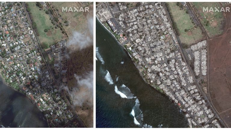 Combination of satellite images  s shows an overview of southern Lahaina on Maui, Hawaii, on June 25, 2023, left, and an overview of the same area on Wednesday, Aug. 9, following a wildfire that tore through the heart of the Hawaiian island
Pic:Maxar/AP