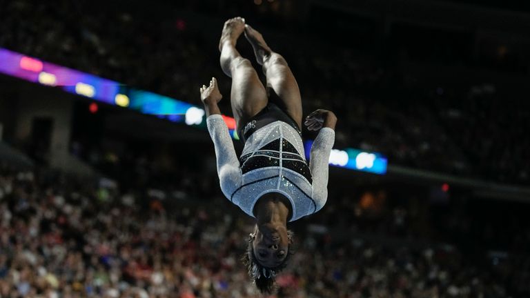 Simone Biles performs in the floor exercise at the U.S. Classic gymnastics competition Saturday, Aug. 5, 2023, in Hoffman Estates, Ill. (AP Photo/Morry Gash)