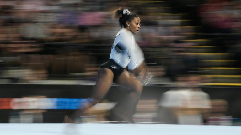 Simone Biles performs in the floor exercise at the U.S. Classic gymnastics competition Saturday, Aug. 5, 2023, in Hoffman Estates, Ill. (AP Photo/Morry Gash)