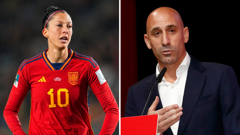 Spain&#39;s Jennifer Hermoso and Spanish FA chief Luis Rubiales. Pics: AP