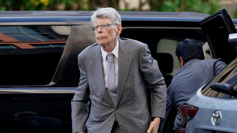 Author Stephen King arrives at federal court before testifying for the Department of Justice as it bids to block the proposed merger of two of the world&#39;s biggest publishers, Penguin Random House and Simon & Schuster, Tuesday, Aug. 2, 2022, in Washington. (AP Photo/Patrick Semansky)