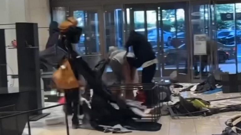 A group of up to 50 people, armed with bear spray, looted around $100,000 (£78,000) worth of luxury items from a shopping centre in Los Angeles, officials have said.