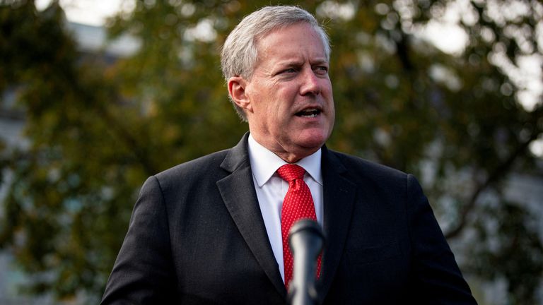 FILE PHOTO: White House Chief of Staff Mark Meadows speaks to reporters following a television interview, outside the White House in Washington, U.S. October 21, 2020. REUTERS/Al Drago/File Picture/File Photo 