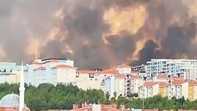 Wildfire smoke looms over Turkish village
