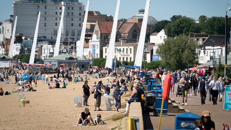 Beachgoers enjoy the warmer weather in Southend-on-Sea, Essex. The UK can expect only a short-lived flavour of a more traditional summer with higher temperatures and sunnier skies before a return to unsettled weather, a Met Office spokesperson has said. PA Photo. See PA story WEATHER Summer. Picture date: Wednesday August 9, 2023. Photo credit should read: Stefan Rousseau/PA Wire 