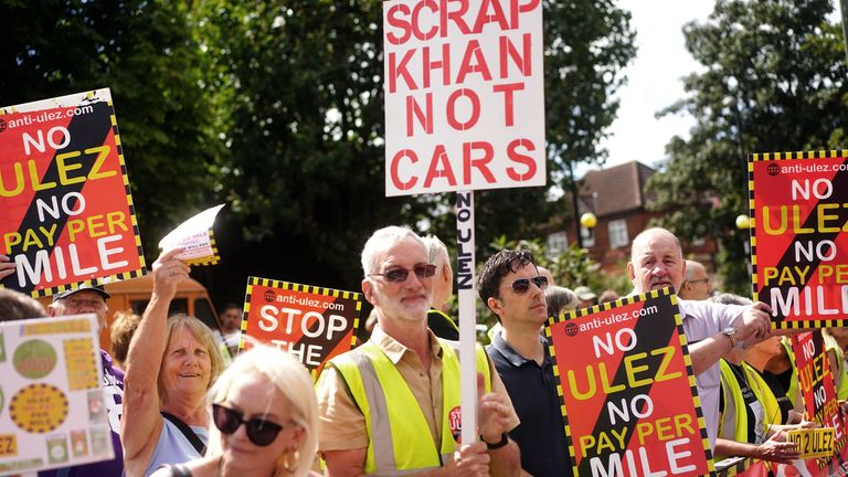 People take part in a protest against the proposed ultra-low emission zone (Ulez) expansion in Orpington, London. Mayor of London Sadiq Khan will extend the Ulez area to cover the whole of the capital from August 29. This means many more drivers of vehicles that do not meet minimum emissions standards will be liable for a daily ..12.50 fee. Picture date: Saturday August 19, 2023. PA Photo. See PA story PROTEST Ulez. Photo credit should read: Victoria Jones/PA Wire 