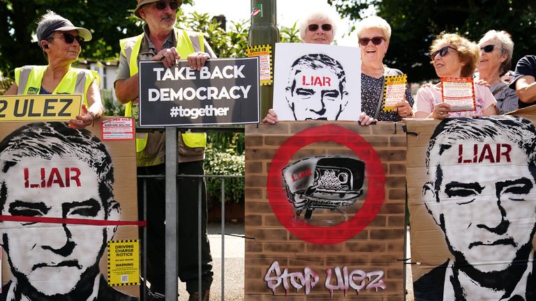 People take part in a protest against the proposed ultra-low emission zone (Ulez) expansion in Orpington, London. Mayor of London Sadiq Khan will extend the Ulez area to cover the whole of the capital from August 29. This means many more drivers of vehicles that do not meet minimum emissions standards will be liable for a daily ..12.50 fee. Picture date: Saturday August 19, 2023. PA Photo. See PA story PROTEST Ulez. Photo credit should read: Victoria Jones/PA Wire    