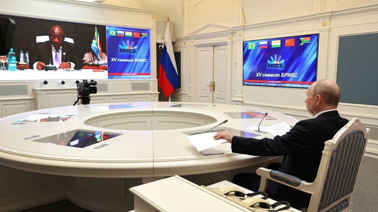 Vladimir Putin attends a plenary session of the BRICS summit via a video link in Moscow, Russia
Pic:Sputnik/Reuters