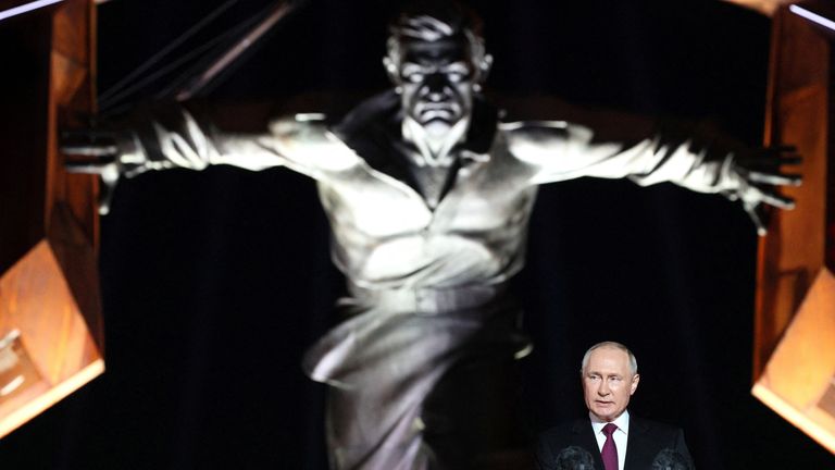 Russian President Vladimir Putin delivers a speech during a ceremony marking the 80th anniversary of the victory in the Battle of Kursk during World War Two in the Kursk region, Russia, August 23, 2023. Sputnik/Gavriil Grigorov/Kremlin via REUTERS ATTENTION EDITORS - THIS IMAGE WAS PROVIDED BY A THIRD PARTY.