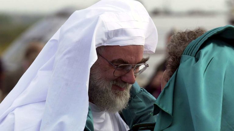 The next Archbishop of Canterbury, Dr Rowan Williams, in head gear at his induction as a Druid, during a ceremony at the Eisteddfod near St David&#39;s, Pembrokeshire, Wales. Pic date: 5 August 2002