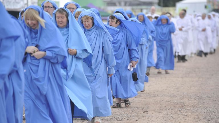 People dressed in druid style robes march at the national ceremony Eisteddfod, Wales. Pic date: 8 August 2008