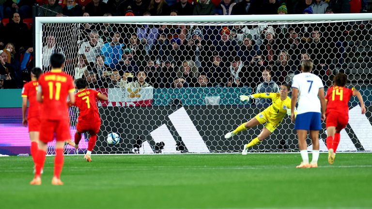 China&#39;s Wang Shuang scores their side&#39;s first goal of the game from the penalty spot