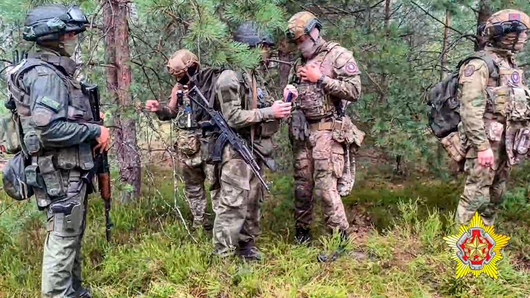 In this grab taken from video released by Belarus&#39; Defense Ministry on Thursday, July 20, 2023, Belarusian soldiers of the Special Operations Forces (SOF) and mercenary fighters from Wagner private military company attend the weeklong maneuvers conducted at a firing range near the border city of Brest, Belarus. NATO allies located along the alliance...s