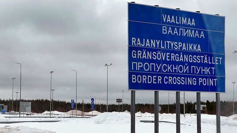  22 March 2023, Finland, Vaalimaa: A sign indicates the border crossing from Finland to Russia. Pic: AP