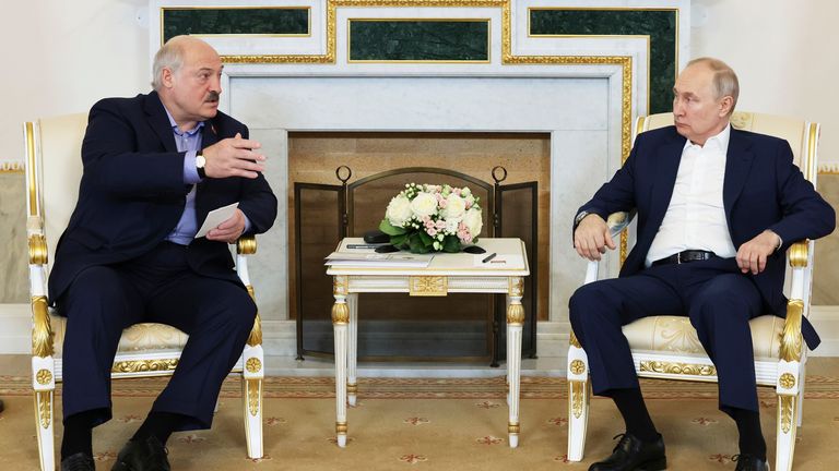 Russian President Vladimir Putin, right, and Belarusian President Alexander Lukashenko, left, attend a meeting in St. Petersburg, Russia, Sunday, July 23, 2023. (Alexander Demianchuk, Sputnik, Kremlin Pool Photo via AP)