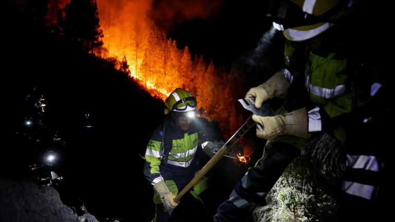Firefighters worked overnight on the flames near Arafo in Tenerife