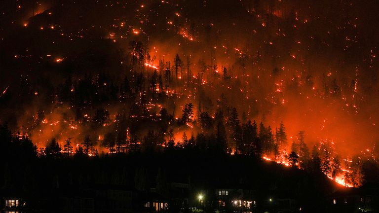 Wildfire burns on the mountainside above houses in West Kelowna. Pic: AP