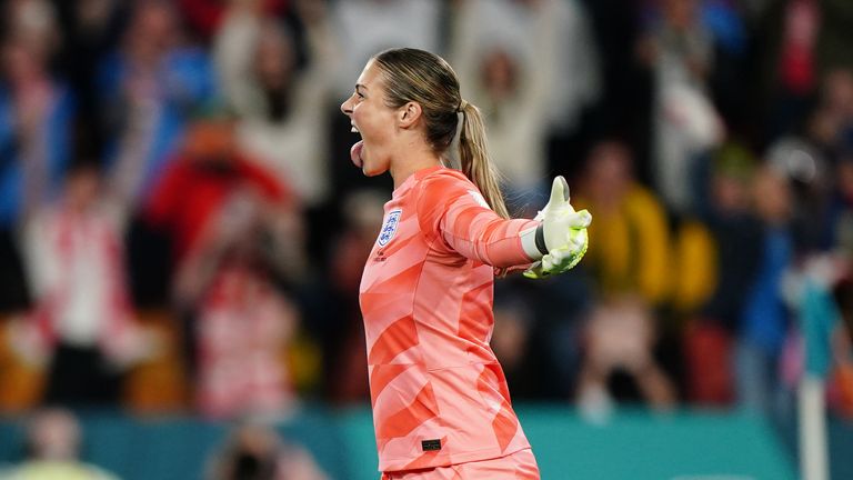 England goalkeeper Mary Earps reacts during the penalty shootout 