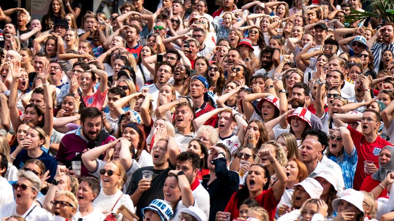England fans react to a chance by England&#39;s Lauren Hemp during a screening of the FIFA Women&#39;s World Cup 2023 final between Spain and England at BOXPARK Croydon, London. Picture date: Sunday August 20, 2023.