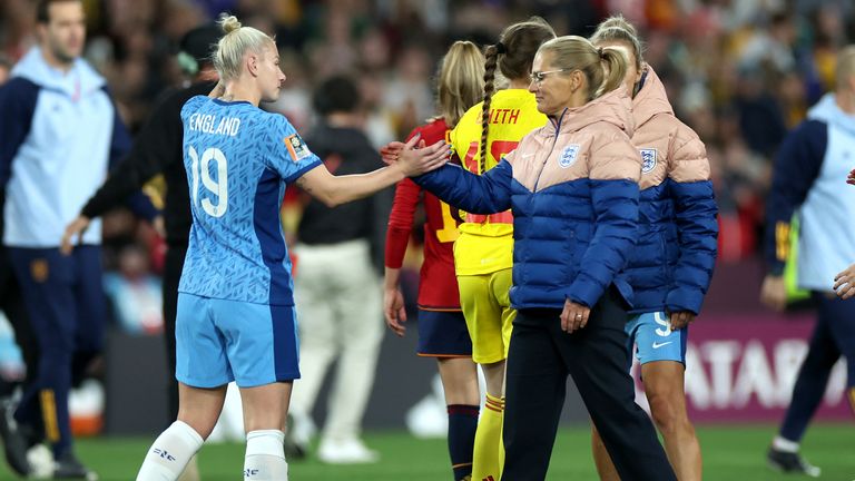 England&#39;s Bethany England (left) and head coach Sarina Wiegman after the FIFA Women&#39;s World Cup final match at Stadium Australia, Sydney. Picture date: Sunday August 20, 2023.
