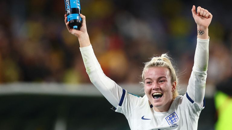 England&#39;s Lauren Hemp celebrates after progressing to the semi finals of the World Cup 