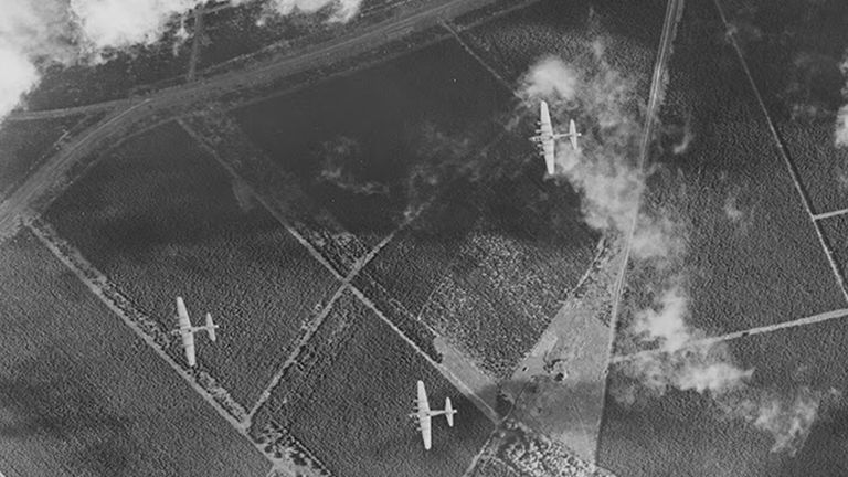 Eighth Air Force B-17 bombers flying over The Brecks area of Norfolk