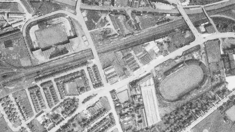 Old Trafford football ground (top), seen in May 1944, after it was damaged during a bombing raid
