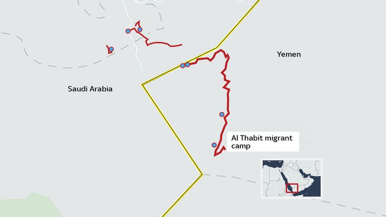 The route taken by migrants into Saudi Arabia from the al-Thabit camp, according to Human Rights Watch