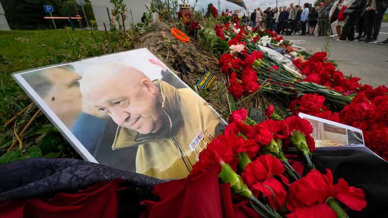 A photo of Yevgeny Prigozhin at a makeshift memorial next to the former &#39;PMC Wagner Centre&#39; in St Petersburg. Pic: AP