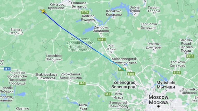 Yevgeny Prigozhin&#39;s jet was travelling away from Moscow and crashed near Tver. Pic: Flightradar24