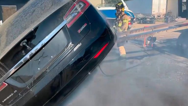 Tesla car on fire