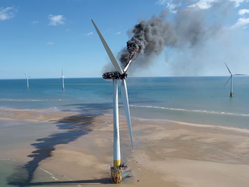 Black smoke billows from wind turbine off Norfolk coast