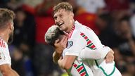 Wales&#39; David Brooks (Rt) celebrates scoring their side&#39;s second goal of the game during the UEFA Euro 2024 Qualifying Group D