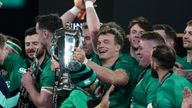File photo dated 18-03-2023 of Ireland&#39;s Josh van der Flier celebrates with the Guinness Six Nations trophy and team-mates. Rankings suggest Ireland or France can land a first World Cup. Since the sport’s world rankings were launched 20 years ago, all five subsequent world champions were either ranked first or fourth close to the tournament kicking off. Issue date: Friday September 1, 2023.