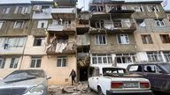 A damaged residential apartment building in Stepanakert, Nagorno-Karabakh. Pic: AP