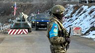 Russian peacekeepers on the border of Azerbaijan and Nagorno-Karabakh. Pic: AP