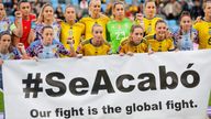 Spain and Sweden players hold a banner reading &#39;#SeAcabo - Our fight is the global fight&#39; before the match Bjorn Larsson Rosvall/TT News Agency via REUTERS ATTENTION EDITORS - THIS IMAGE WAS PROVIDED BY A THIRD PARTY. SWEDEN OUT. NO COMMERCIAL OR EDITORIAL SALES IN SWEDEN.