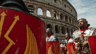 iStock image. Rome, Italy, April 23, 2023: Parade for the birth of Rome on April 23, 2023 in Rome, Italy. People dressed in costume as gladiators, centurions, senators, handmaids and ancient romans citizens walk in parade under the Coliseum of Rome, to celebrate the birth of the Eternal City.