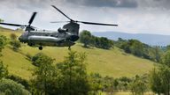 A RAF Chinook lifting off after dropping off soldiers on the Sennybridge training area in Wales - Image ID: C4M1CD (RM)