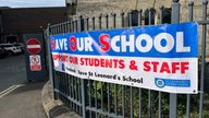 Parents demonstrate in support of St Leonard&#39;s Catholic School, Durham, which has been disrupted by sub standard reinforced autoclaved aerated concrete (Raac). Schools minister Baroness Barran is visiting the school which has largely moved to online teaching since term started, whilst some pupils able to attend lessons in-person are taught in corridors, the sports hall or the head teacher&#39;s office. Picture date: Wednesday September 27, 2023.