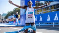 Tigst Assefa at the finish line. Pic: Andreas Gora/picture-alliance/dpa/AP 