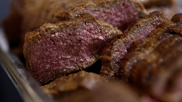 Pieces of 3D printed plant-based vegan meat on display near Paris. 