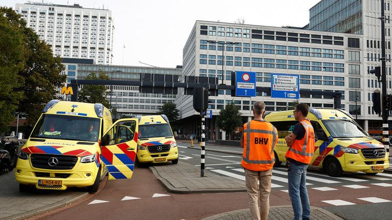 Ambulances are seen after Dutch police arrested a suspect after a shooting in Rotterdam, Netherlands, September 28, 2023. REUTERS/Piroschka van de Wouw
