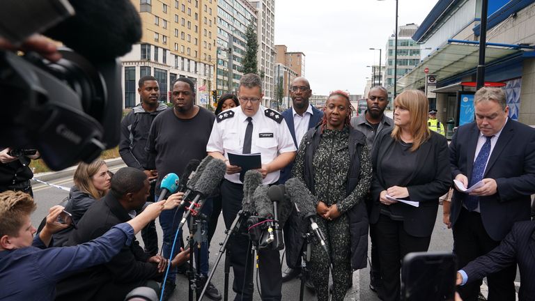 Chief Superintendent Andy Brittain speaking at the scene near the Whitgift shopping centre in Croydon, south London after a 15-year-old girl was stabbed to death 