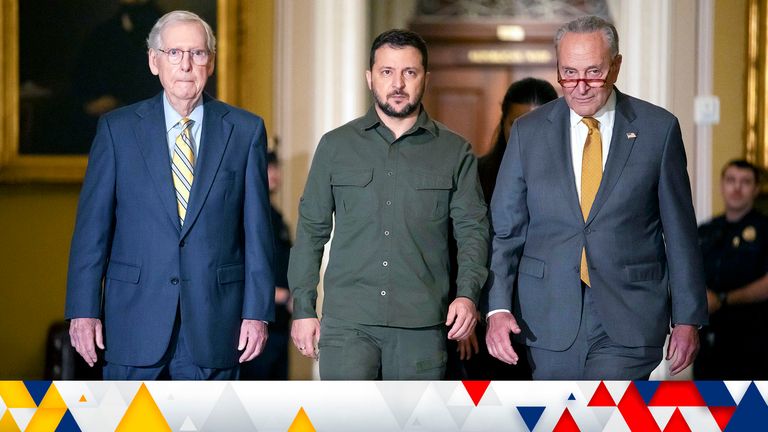 Ukrainian President Volodymyr Zelenskyy, center, walks with Mitch McConnell and Chuck Schumer at Capitol Hill
Pic:AP