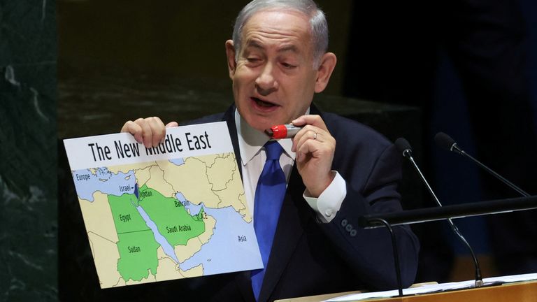 Benjamin Netanyahu addresses the 78th United Nations General Assembly at U.N. headquarters in New York City, New York, U.S., September 22, 2023. REUTERS/Mike Segar
