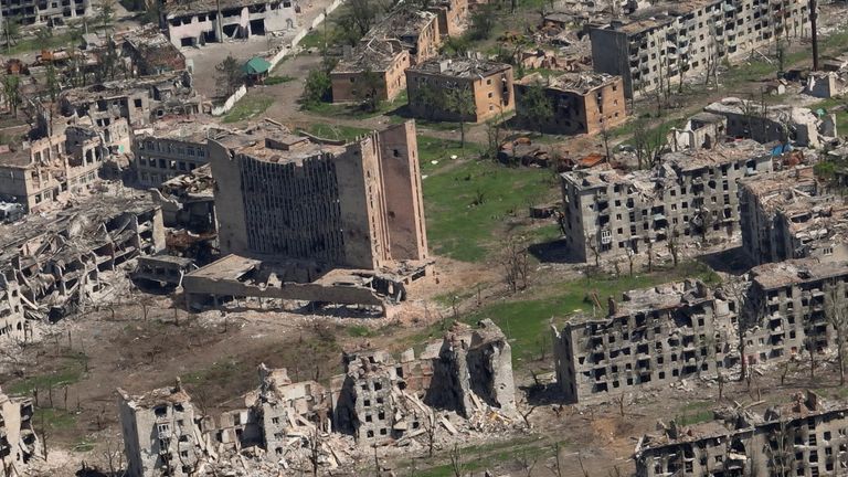 Aerial view shows destroyed buildings as a result of intense fighting, amid the Russian invasion, in Bakhmut, Ukraine in this still image from handout video released June 15, 2023. 93rd Kholodnyi Yar Brigade/Handout via REUTERS THIS IMAGE HAS BEEN SUPPLIED BY A THIRD PARTY. MANDATORY CREDIT. REUTERS WAS ABLE TO CONFIRM THE LOCATION AND WAS NOT ABLE TO INDEPENDENTLY VERIFY THE DATE
