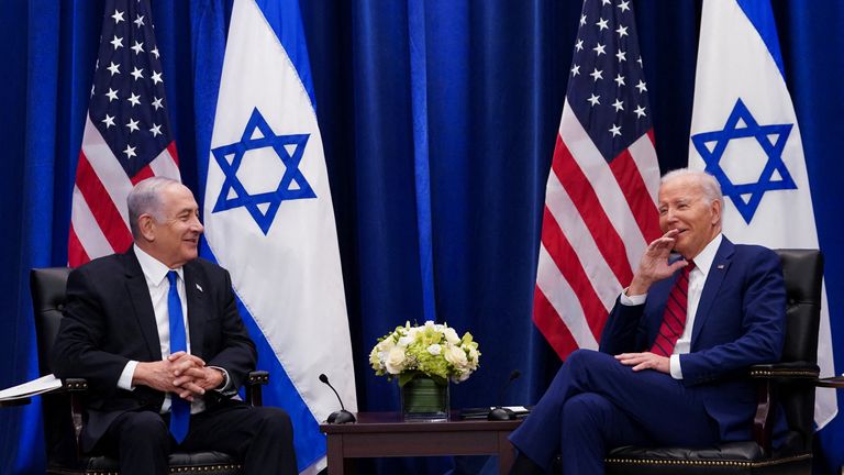 Benjamin Netanyahu, left, meets with Joe Biden in New York earlier this month