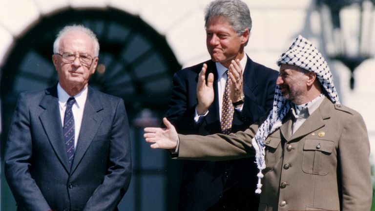 From left: Israeli prime minister Yitzhak Rabin, US President Bill Clinton and PLO leader Yasser Arafat after singing the accord in 1993